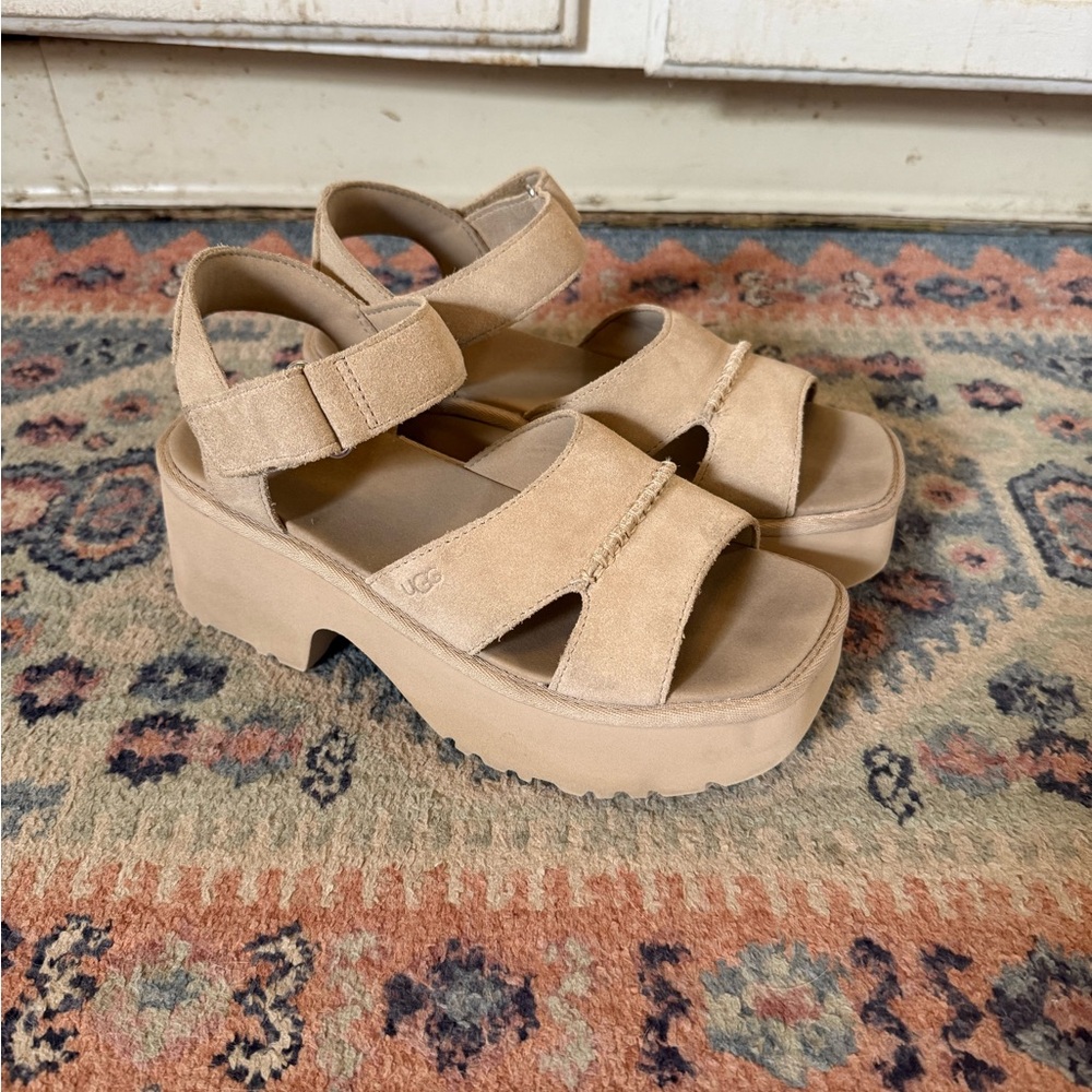 UGG Women's Tan Suede Platform Sandals with Adjustable Straps